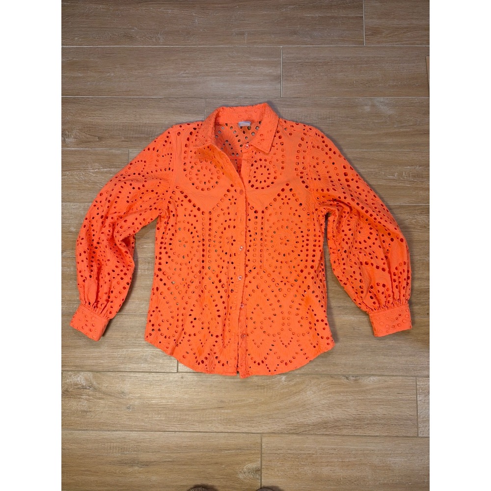Chico's Orange Eyelet‎ Cotton Button Down Shirt Balloon Sleeve Size 2 L 12/14